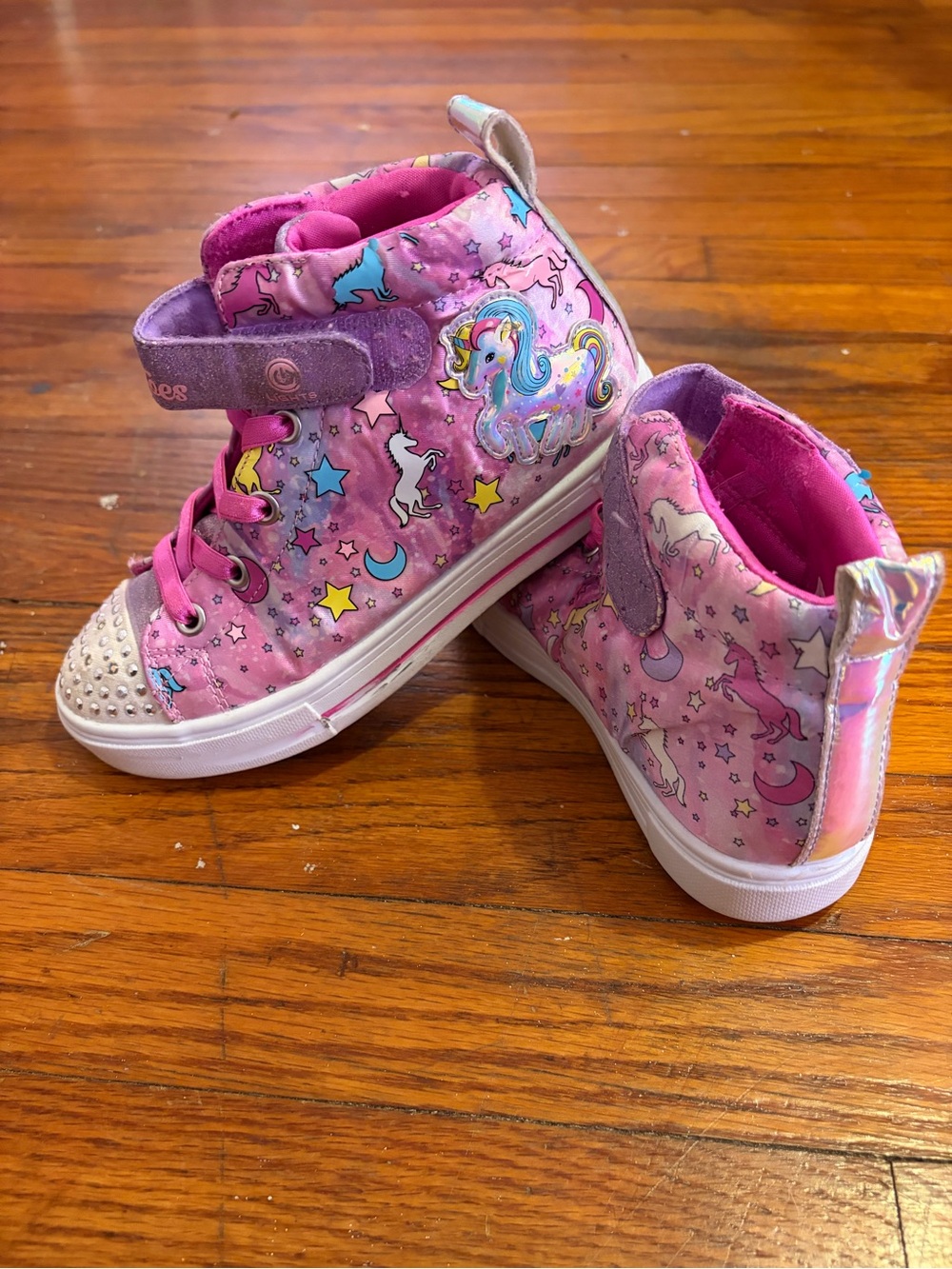Skechers Kids Pink Unicorn High-Top Sneakers with Sparkle Rhinestone Toe